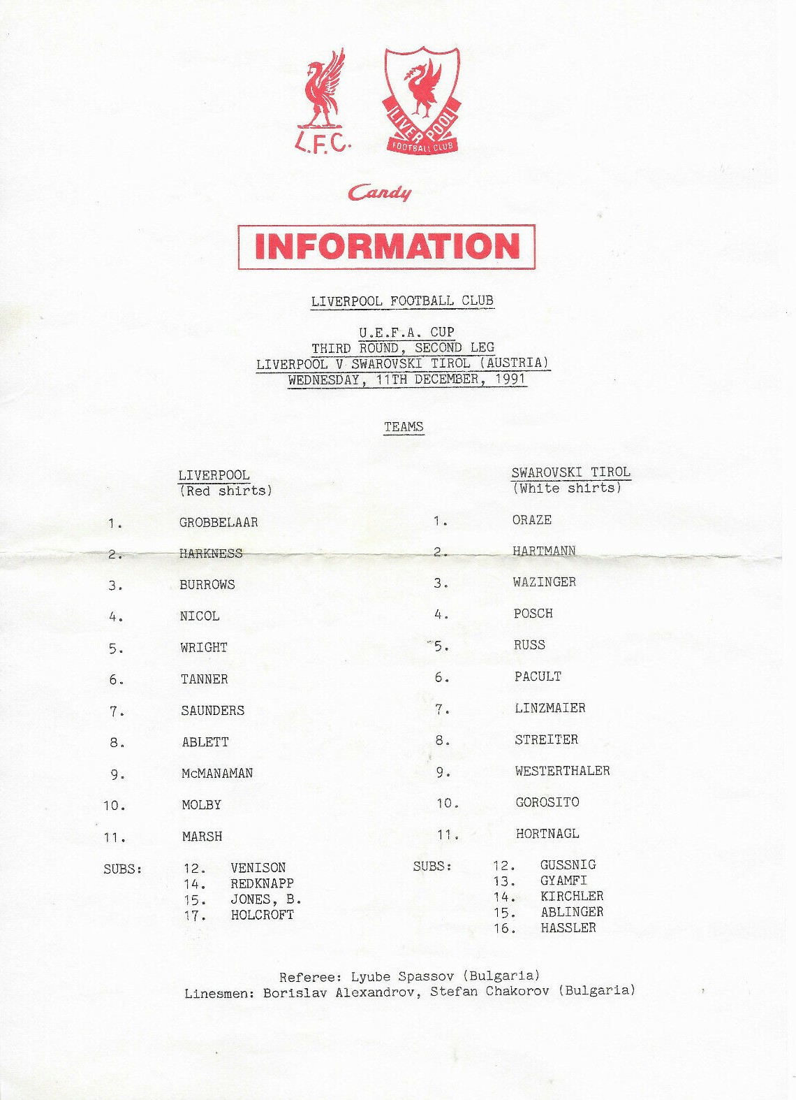Programme Match AJ Auxerre Vs Liverpool – Coupe UEFA 1991/92 – (Saison Collector)