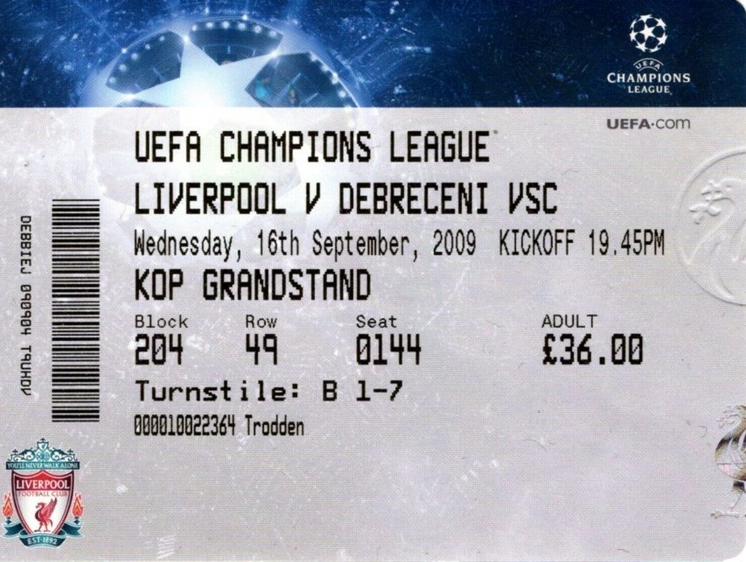 20/10/2010 Ticket: Inter Milan v Tottenham Hotspur [UEFA Champions League]  (stub